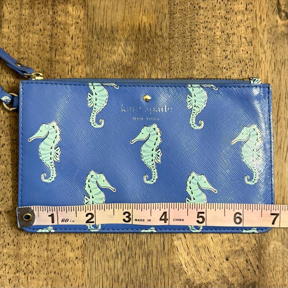Kate Spade New York Seahorse Wristlet Leather Zippered Closure Lined Blue Gold - Picture 9 of 11